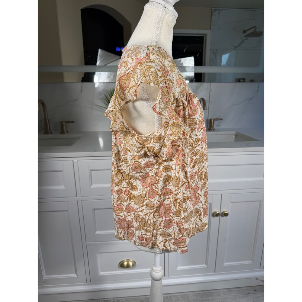Lucky Brand Floral Top Womens Large Pink Tan Flutter Sleeve V Neck Boho - Picture 2 of 12